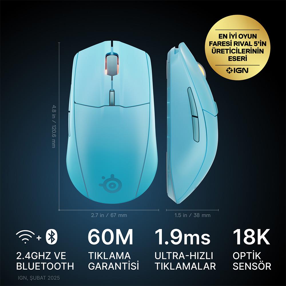 ✨STEELSERIES RIVAL 3 GEN 2 BLUETOOTH VE WIRELESS GAMING MOUSE-AQUA