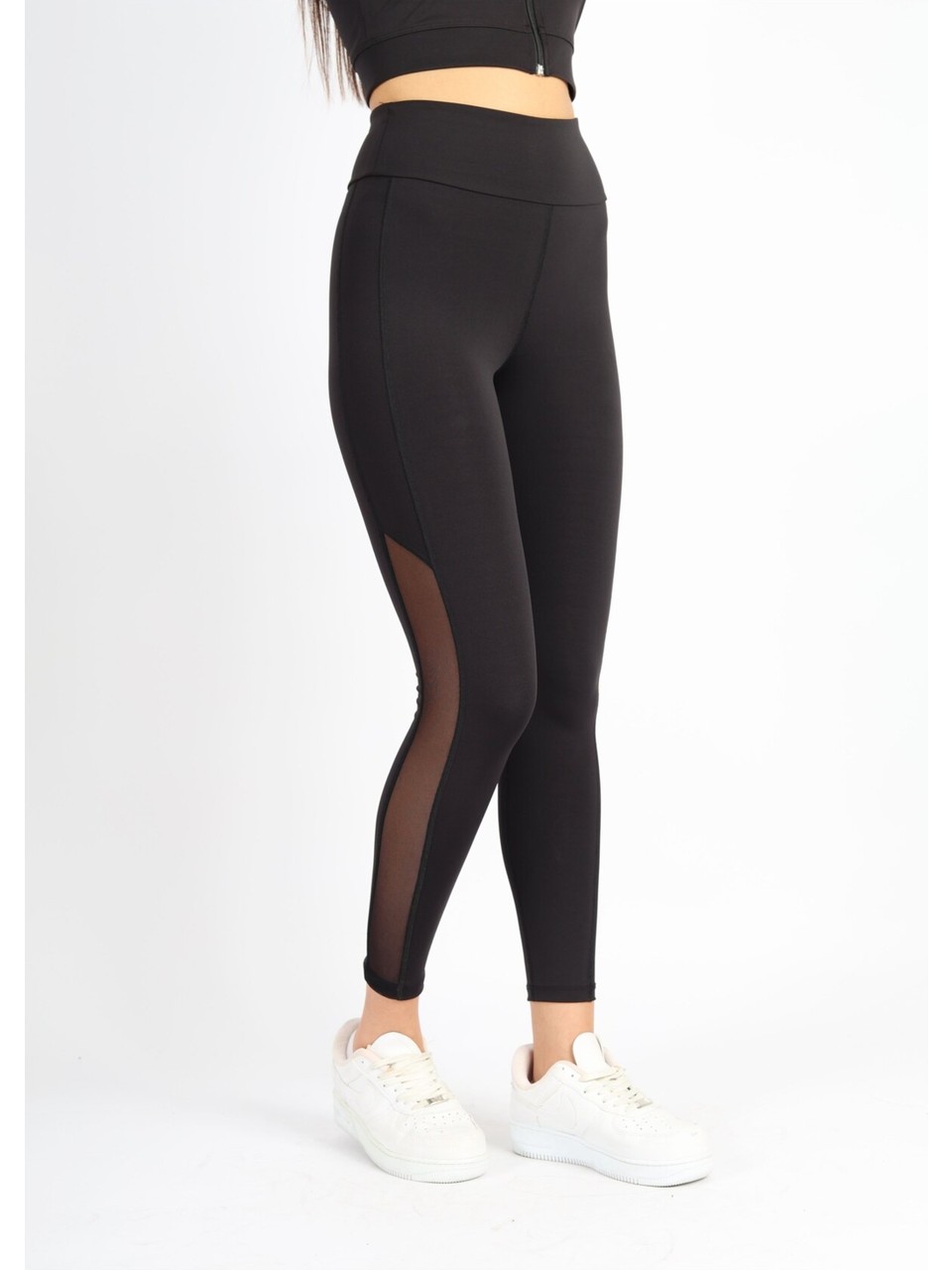 Siyah Polyester Paçası Tül Detaylı Yüksek Bel Premium Kumaş Spor Günlük Rahat Tayt