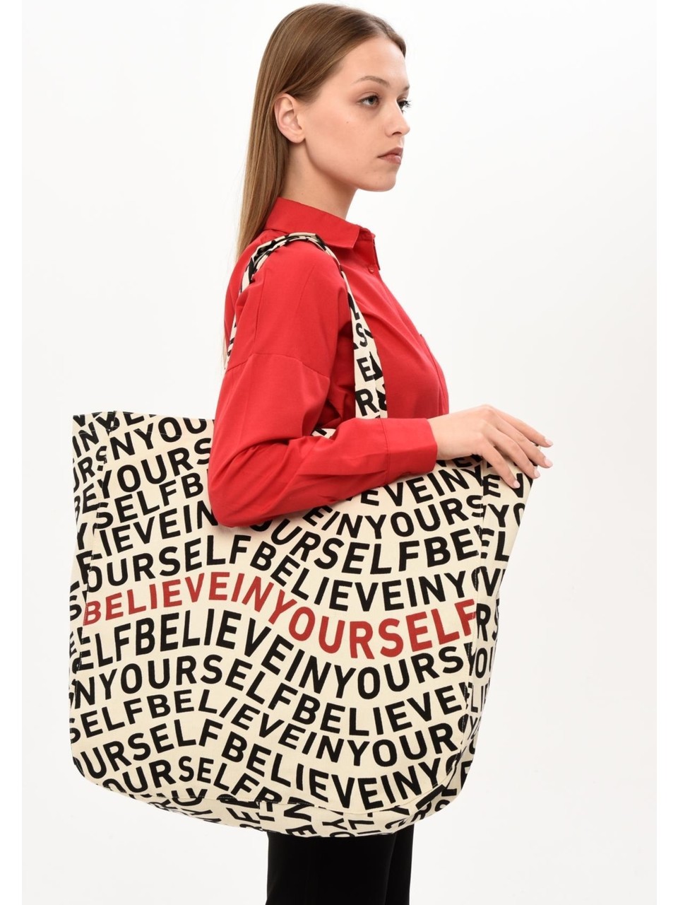 Büyük Boy Belive In Yourself Baskılı Pamuk Kanvas Çanta Modern ve Şık Tasarım