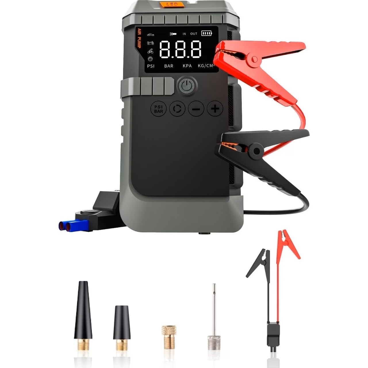 ROBEVE Auhma 4’ü 1 Arada Jump Starter + Hava Kompresörü + Powerbank + LED Fener – 12 000 mAh, 1200A Akü Takviye Cihazı, 150 PSI Dijital