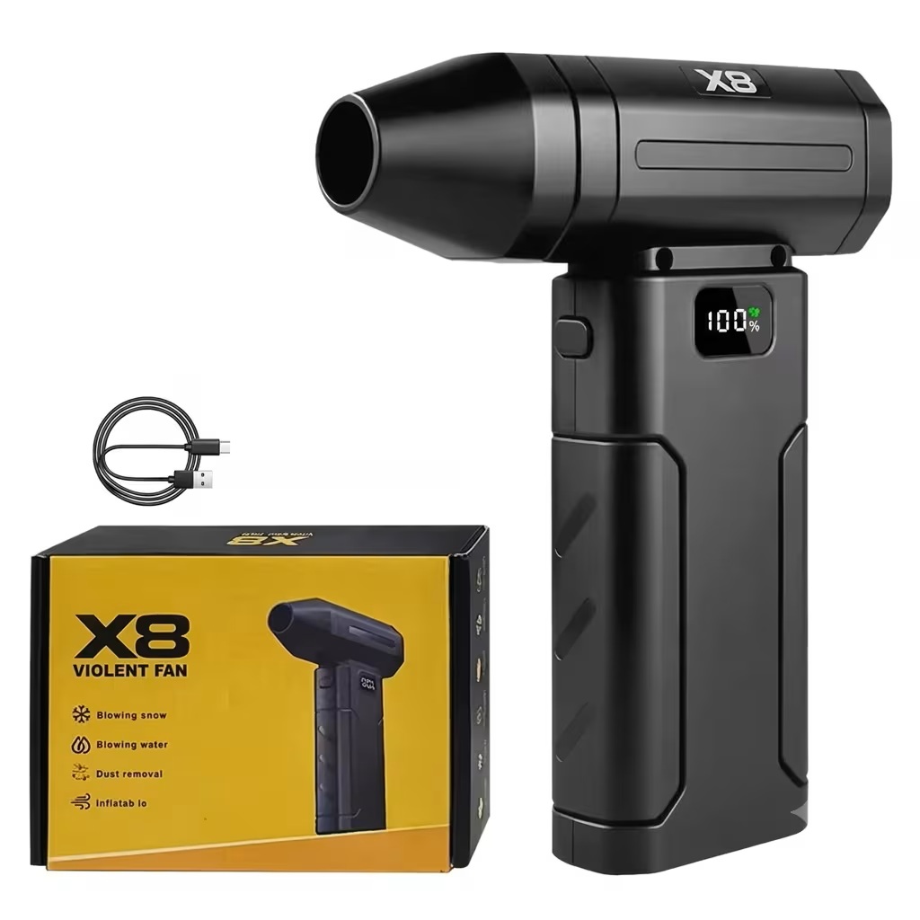 Turbo Jet Fan X8 - Çok Amaçlı Yüksek Güçlü El Fanı - 5 Kademeli Hız Ayarı, USB-C Şarjlı, LED Aydınlatma - Bilgisayar Toz Temizleme, Mangal Yakma ve Dış Mekan İçin Güçlü Hava Üfleyici