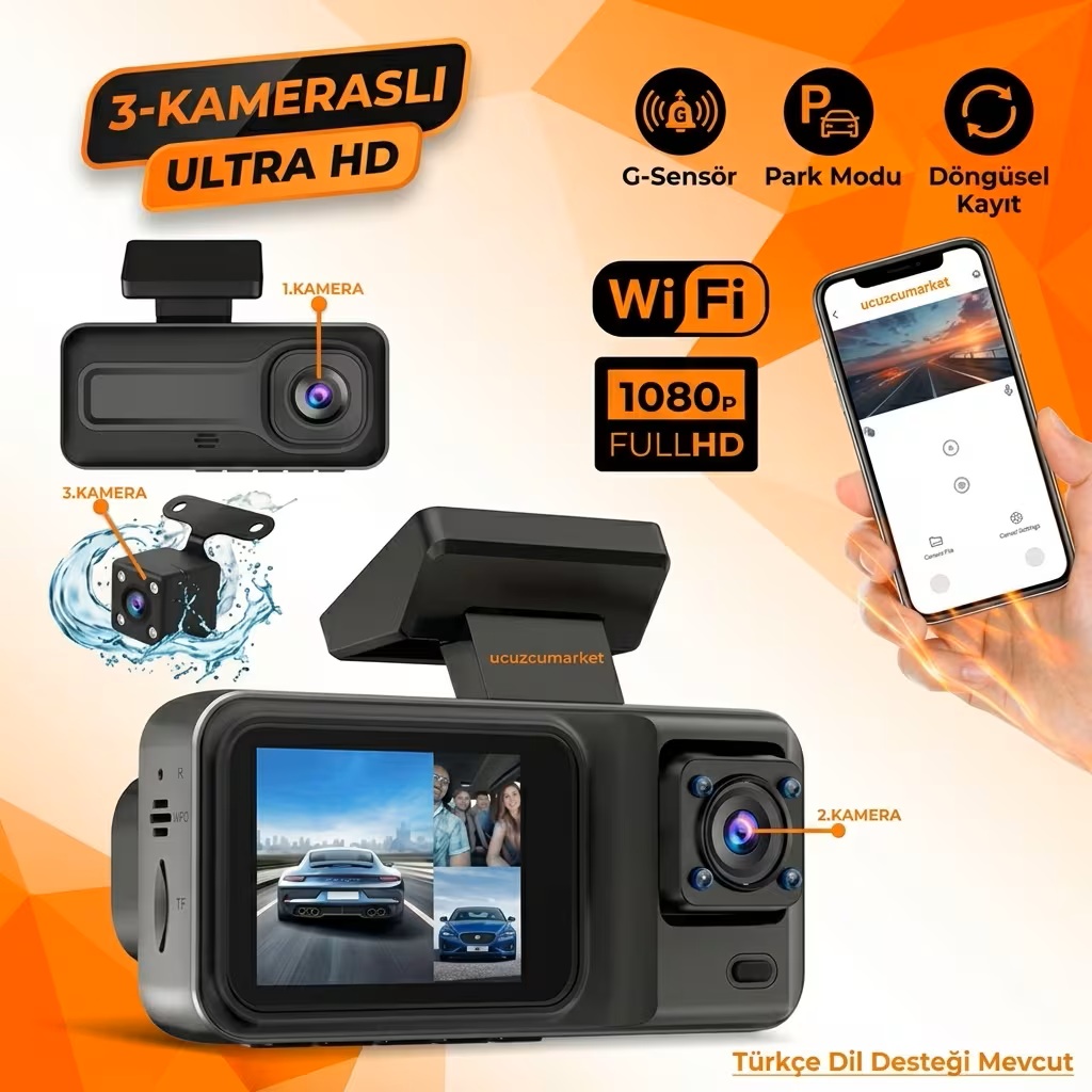 3 Kameralı WiFi Araç İçi Kamera – Gece Görüş, Geri Görüş, Park Modu, 1080P Full HD Geniş Açılı