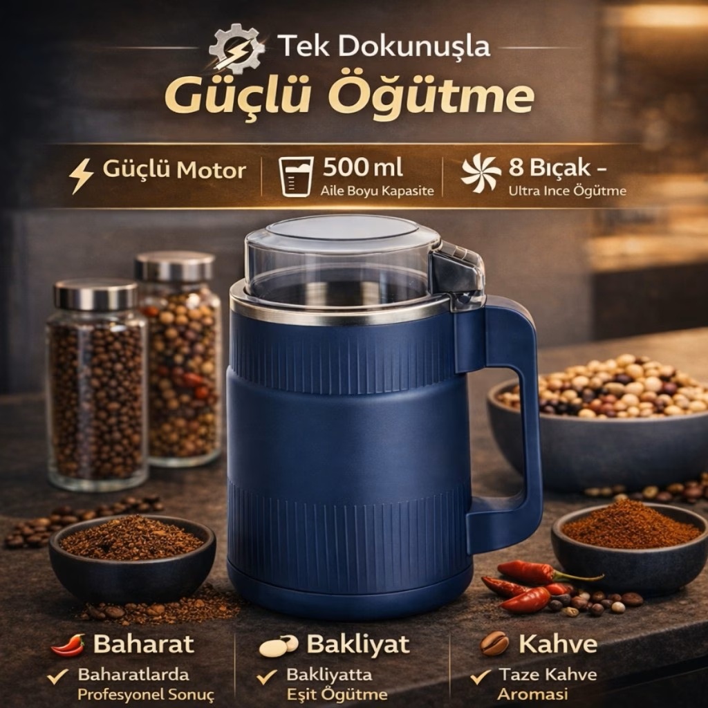 Süper Güçlü Motor 500 ml Paslanmaz Çelik 8 Bıçaklı Kompakt Baharat, Bakliyat ve Kahve Öğütücü