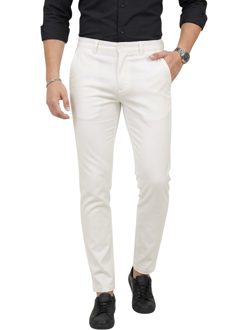 Deepsea Erkek Beyaz Modern Fit Likralı Kumaş Pantolon Günlük & Ofis Kullanımı