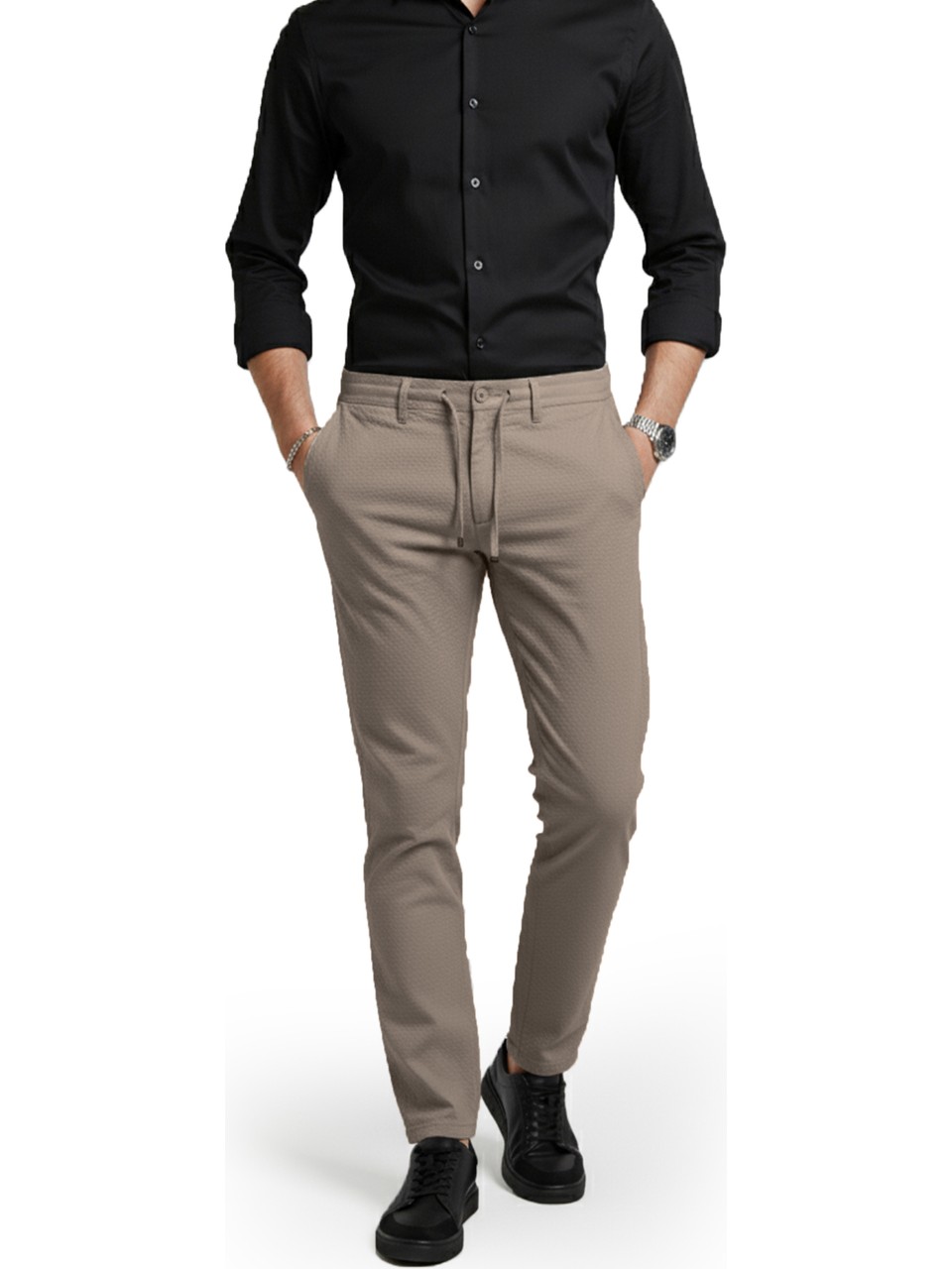 RizzUP Erkek Bej Likralı Gofre Kumaş Beli Lastikli Ipli Slim Fit Günlük Pantolon 2600650