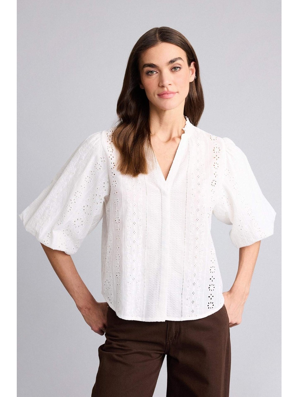 %100 Pamuk Regular Fit Brode Kısa Kollu Beyaz Gömlek G8819AX26SM