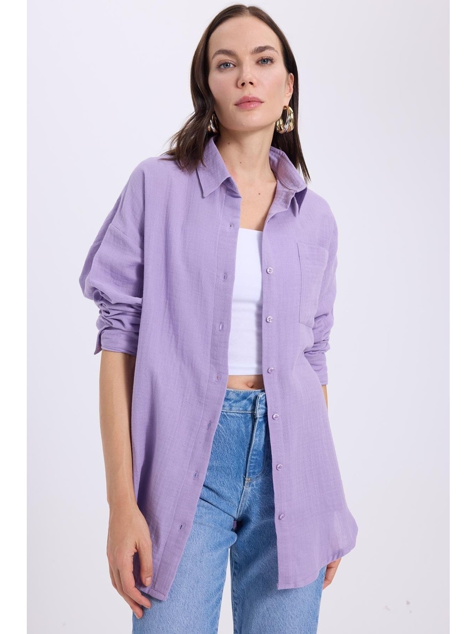 Kadın Oversize Geniş Kesim %100 Pamuk Müslin Kumaş Uzun Kollu Cepli Dokulu Açık Mor Gömlek