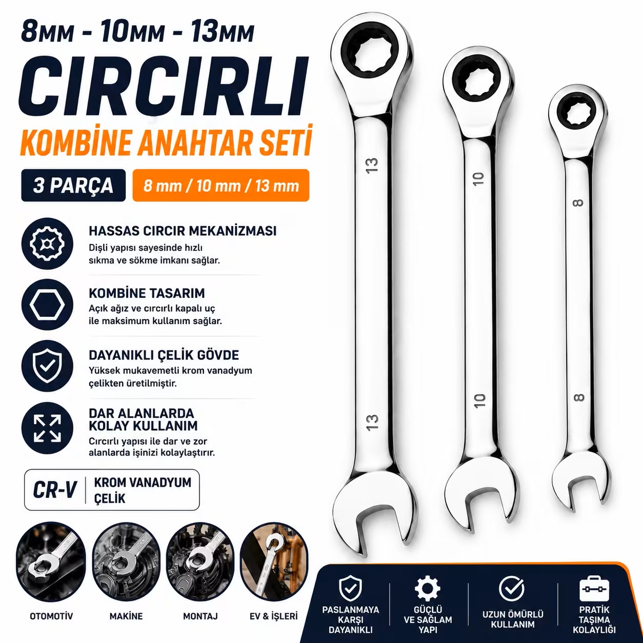 8mm 10mm 13mm Cırcırlı Kombine Anahtar Seti 3 Parça, Krom Vanadyum Çelik Ratchet Anahtar Takımı, Oto Tamir ve Bakım El Aleti