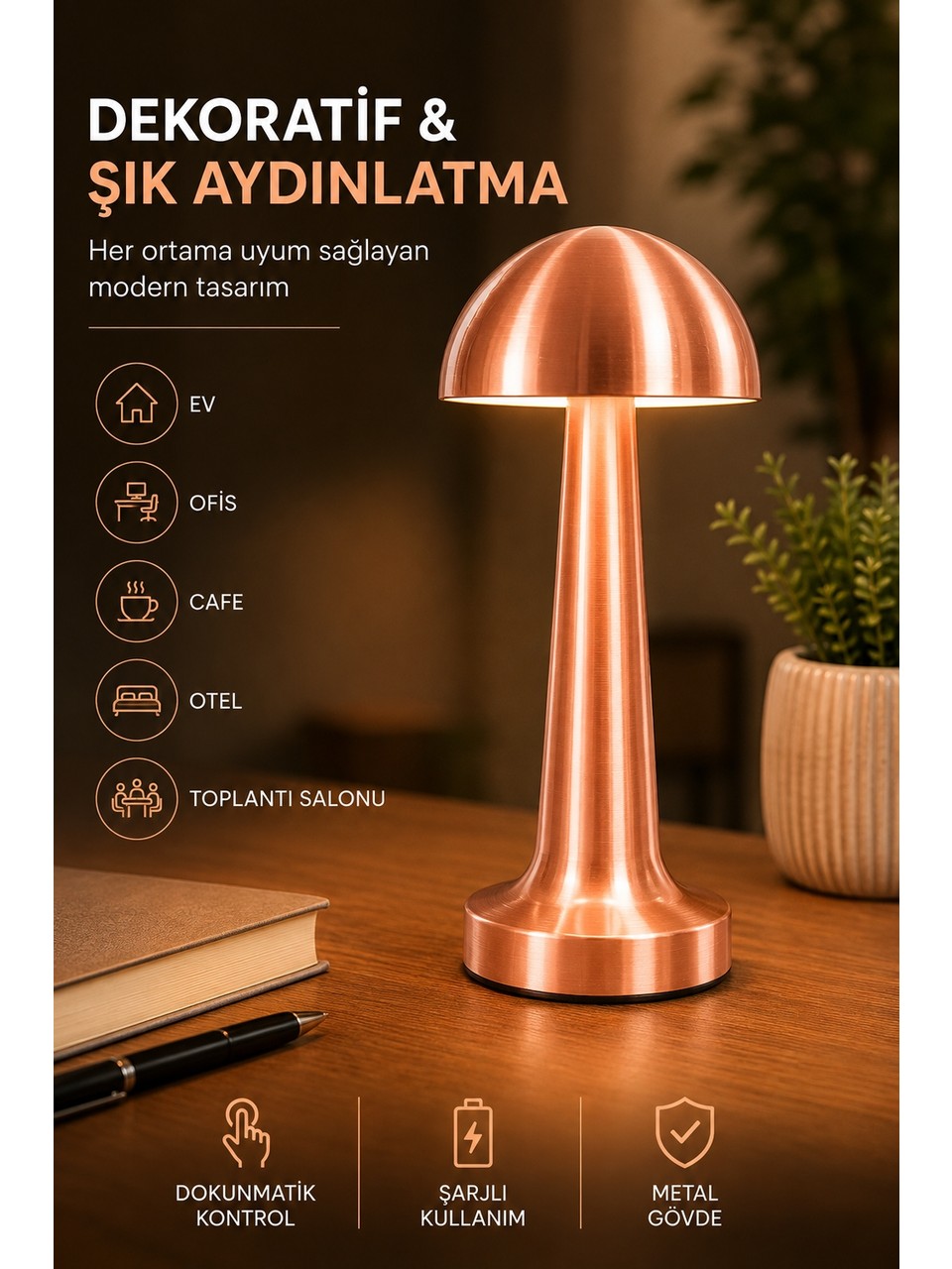 Robeve Şarjlı Dokunmatik Metal Mantar Masa Lambası | 3 Renk Işık, Ayarlanabilir Parlaklık, Kablosuz LED Gece Lambası | Ev, Ofis, Kafe,