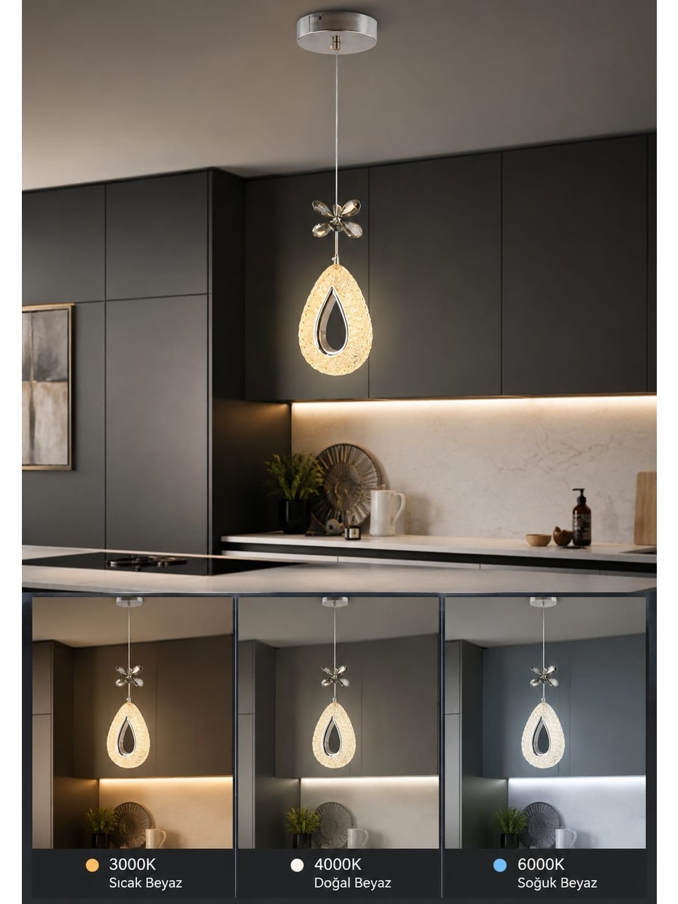 Mavera Lighting Yagmur Model Sarkıt Avize 3 Renk Ledsecenekli Salon Oturma Odası Avize