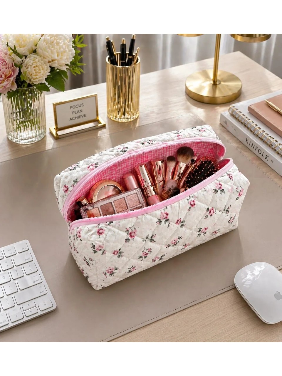 Nartella Pembe Gül Desenli Kapitone Makyaj Çantası - Büyük Boy Roses Serisi Pembe Fermuarlı