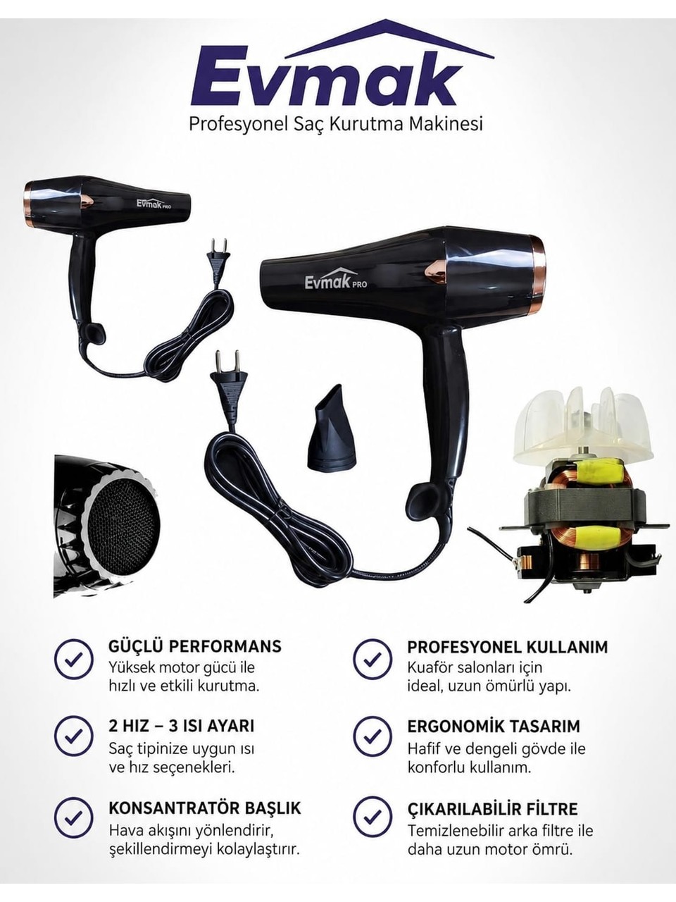 ✅Evmak 3200 Professional Ac Motor Saç Kurutma Fön Makinesi