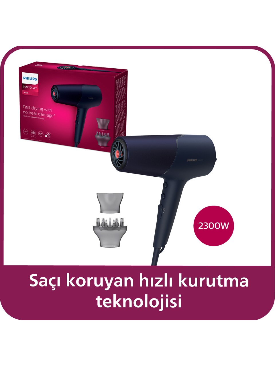 ✅Philips 5000 Serisi Saç Kurutma Makinesi, 2300w, ThermoShield teknolojisi, İyonik Bakım, BHD510/00