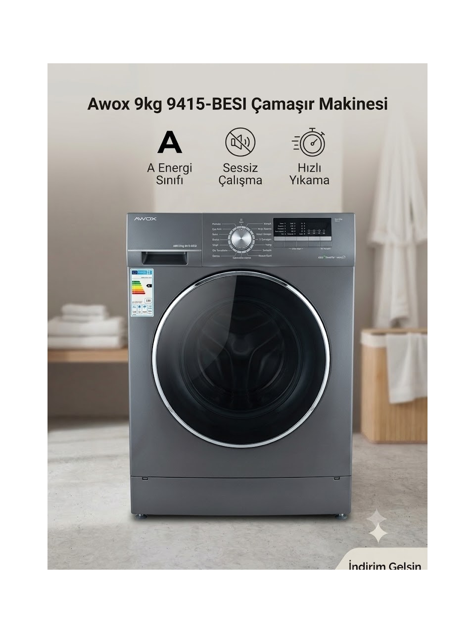 ✅Awox AWX90 9415 Besı Inverter Çamaşır Makinesi 9 kg Gri Antrasit