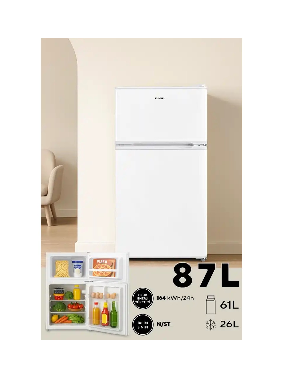 ✅Kumtel 87L MİNİ BUZDOLABI BEYAZ HTMF-90EW